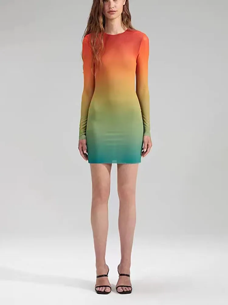 

y2k summer gradient color semi-see-through mesh Dresses2023 fashion versatile Slim package hip chic and elegant woman dress
