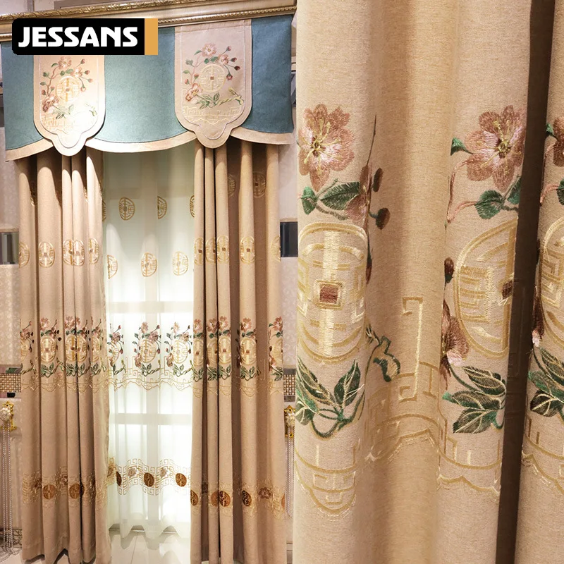 

Embroidered curtain cloth living room curtain Chinese style coffee color new curtains for bedroom