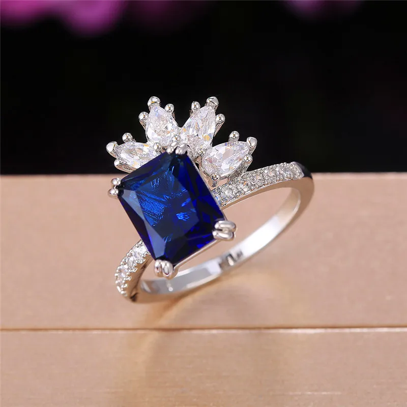 

Light Luxury Fashion Rectangular Royal Blue Cubic Zirconia Bridal Wedding Party Finger Ring Cocktail Party Ladies Jewelry
