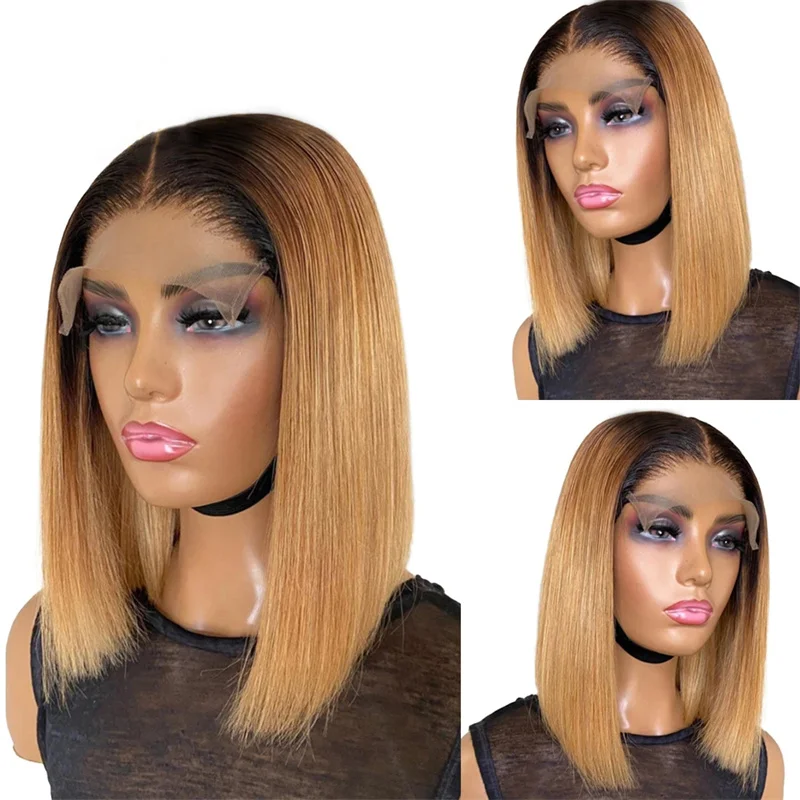 Short Bob Straight Wig Ombre Blonde Brazilian Human Hair Wigs 13x4 Lace Front Wig Pre Plucked Glueless With Baby Hair For Women