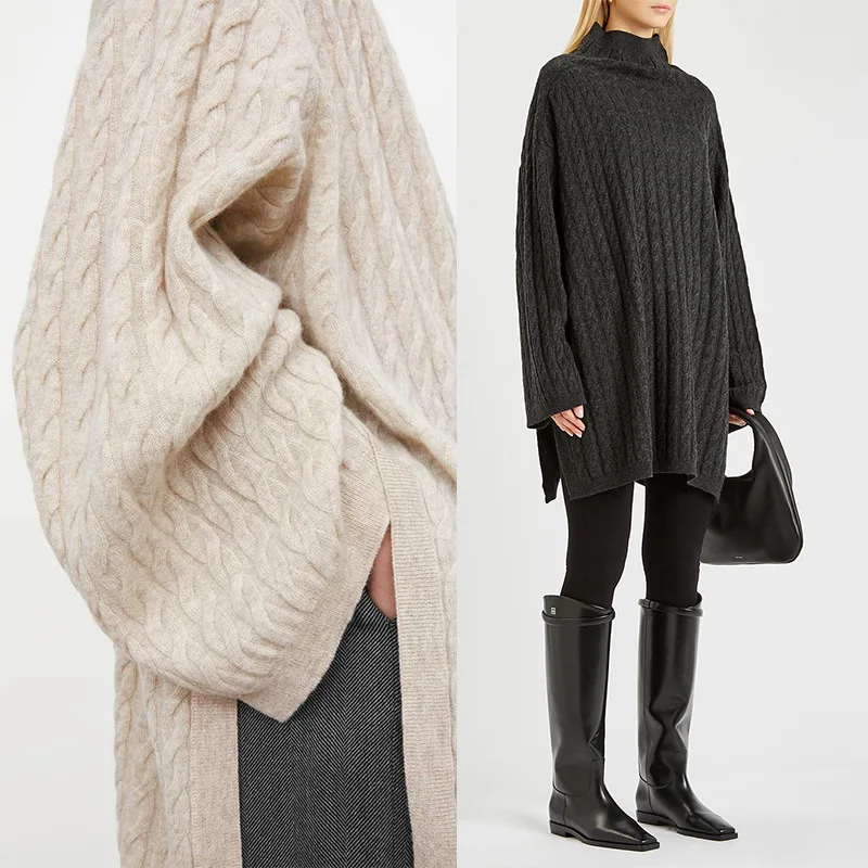 

Women Sweater 2021 Autumn and Winter New Lazy Pile Half High Neck Twist Cashmere Sweater Sweater Mid-length