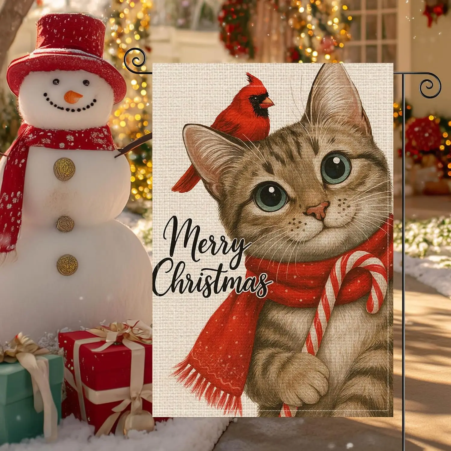 Новогодний садовый флаг с кошкой, двусторонний, 12x18 дюймов, из мешковины, праздничный садовый флаг с кошкой табби, сезонный баннер для дома и улицы (art.: 3920db6a24bfc) - 3920db6a24bfc