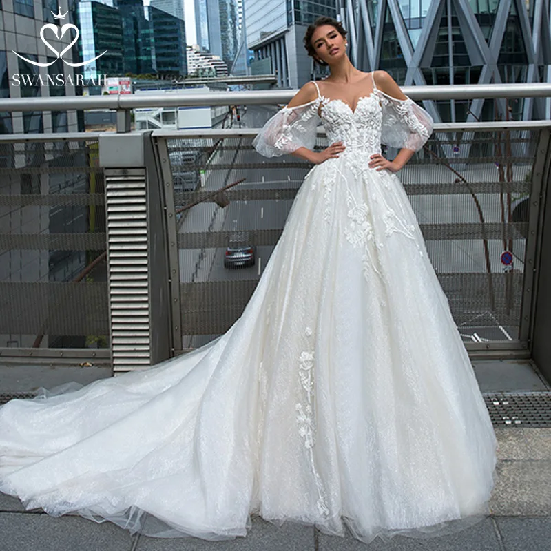 

Свадебное платье с бисером сердечком 2023 swanсара F130 роскошное кружевное бальное платье для невесты со шлейфом