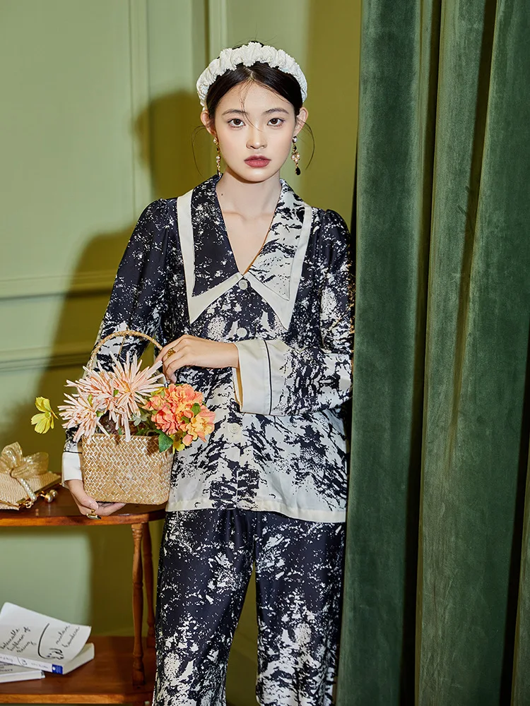 Pajamas ice silk two-piece set 2022 new fashion printing suit high-end silk sleepwear set two piece set summer