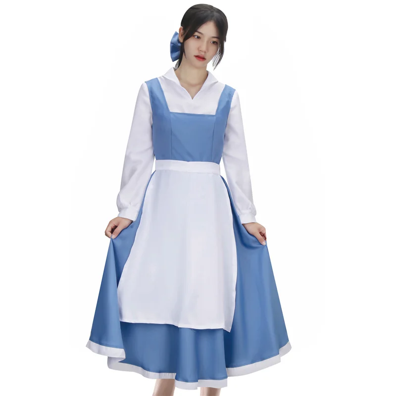 

Princess Belle Costume for Women Girl Maid Dress Blue Long Sleeve Dresses with Apron Halloween Cosplay Outfits