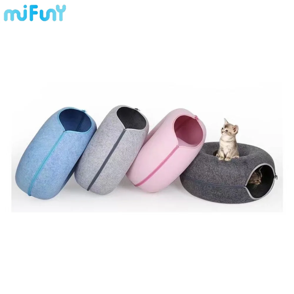 

Round Donut Cat Bed with Zipper Funny Interactive Pet Tunnel Toy Cat House Basket Natural Felt Rabbit Cave Nest Cat Accessories