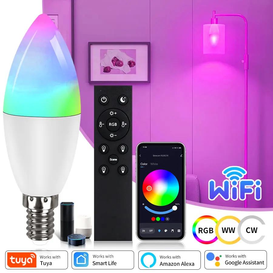 Умная Светодиодная Лампа E14 Wi-fi Tuya Совместимое Голосовое Управление Alexa Google Home