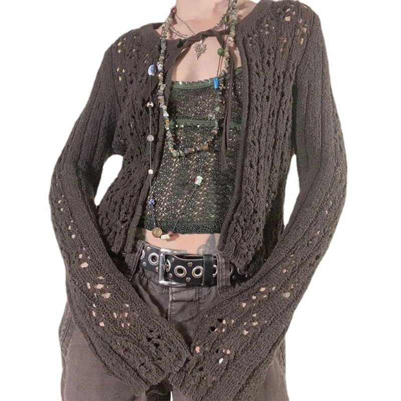 

Hollow Holes Knitted Sweaters Cardigans for Women Loose Long Sleeves Cardigan Open Front Coat Autumn Lace Up Outwear Ins