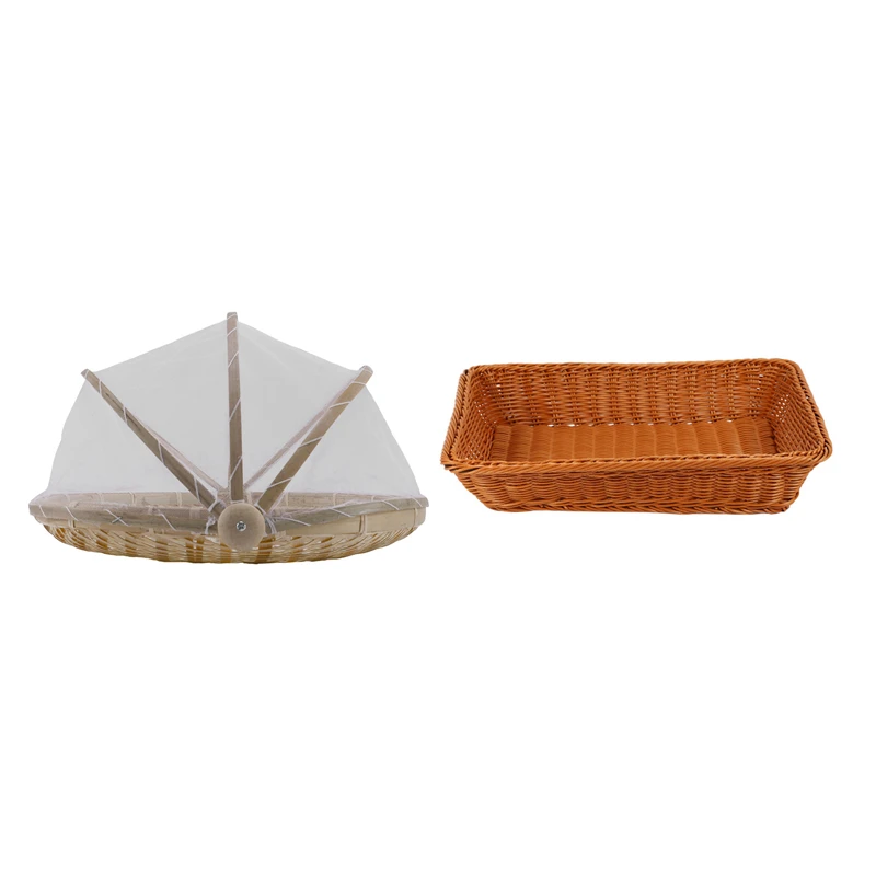 

Bread Basket,Rectangle Imitation Rattan Bread Basket With Wicker Basket Dustproof Picnic Fruit Tray Dishes Cover