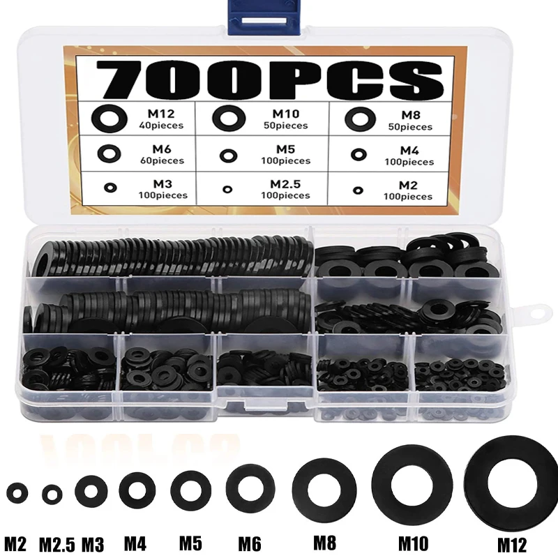 

700 Pcs Black Nylon Flat Washers Nylon Gasket Round Spacer Seals Assortment Set for Mechanical M2 M2.5 M3 M4 M5 M6 M8 M10 M12