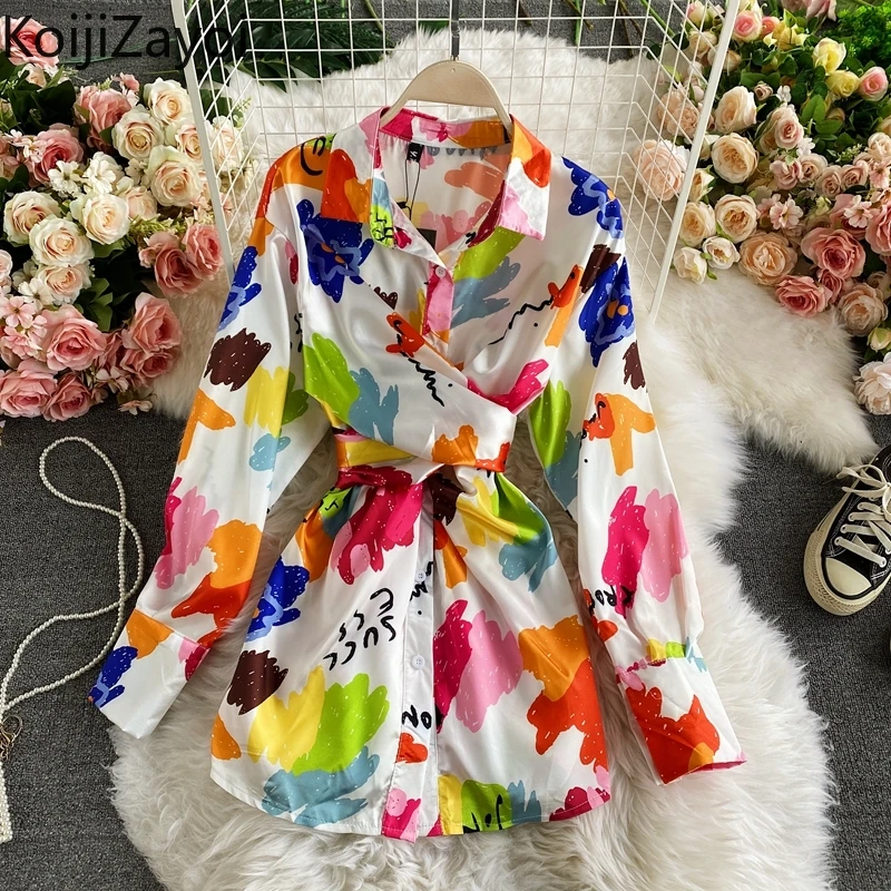 

Koijizayoi Flower Women Long Sleeves Fashion Long Shirt Lady All Match Slim Belted Slim Blouses Chic Korean Spring Autumn Blusas