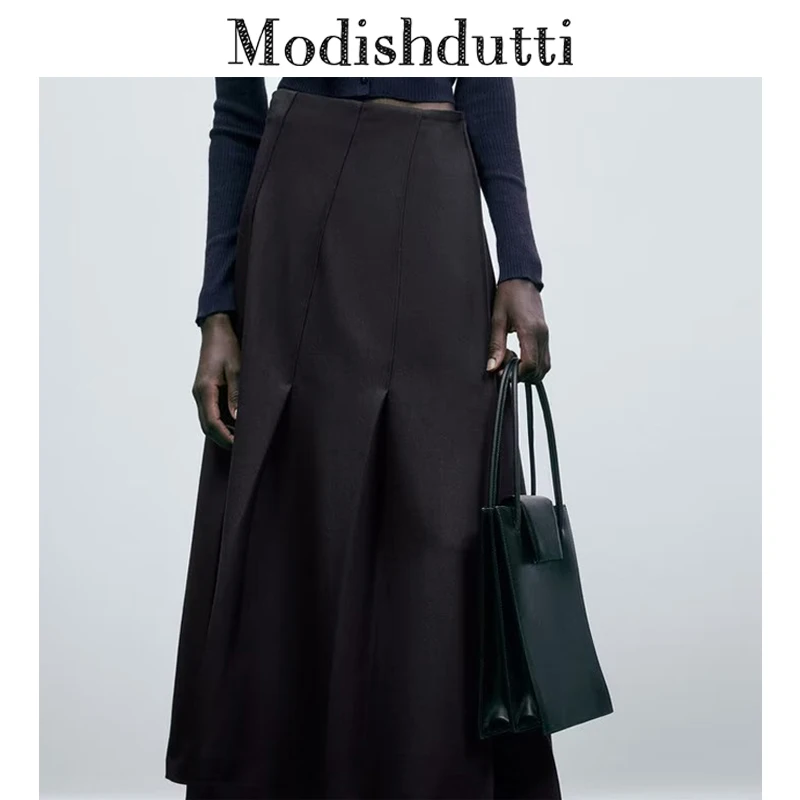 

Modishdutti 2023 Autumn Winter Women Fashion High Waist Elegant Pleated Midi Skirt Female Casual Color Bottoms