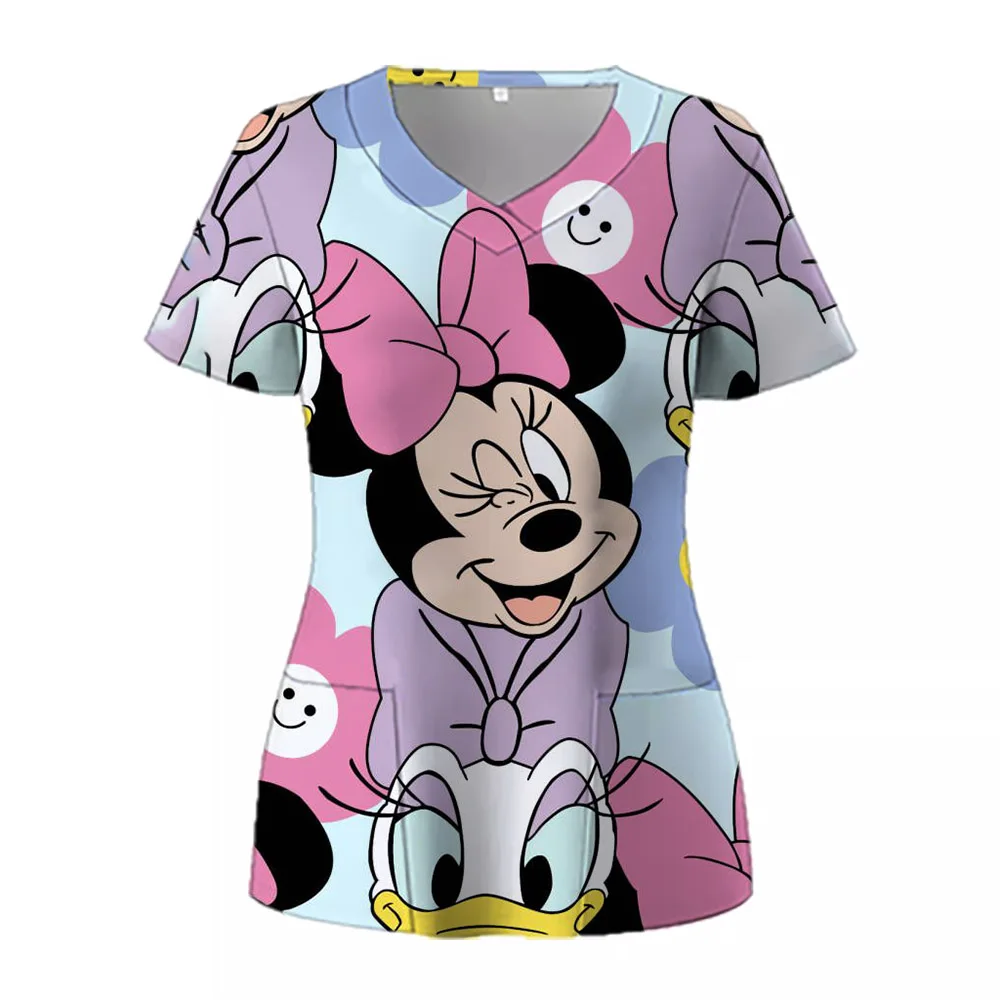 Disney Mickey Mouse Print Nurse Uniform Cute Minnie 3D V-Neck Pocket Medical Uniforms cartoon Nursing Scrubs Uniforme