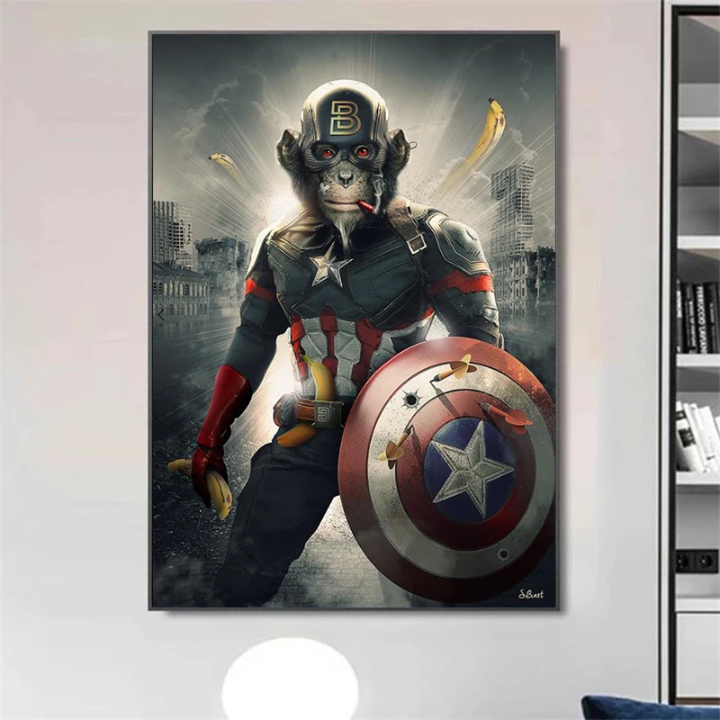

Disney Marvel Funny Monkey Captain America Canvas Painting Movie Superhero Characters Poster Wall Art Kids Living Room Decor