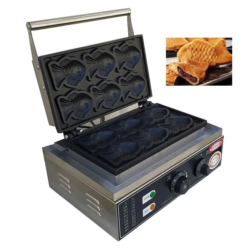 

Evenly Heated Stainless Steel Fish Waffle Snack Making Machine High yield 6pcs Korean Japanese Taiyaki Waffle Maker 110V/220V