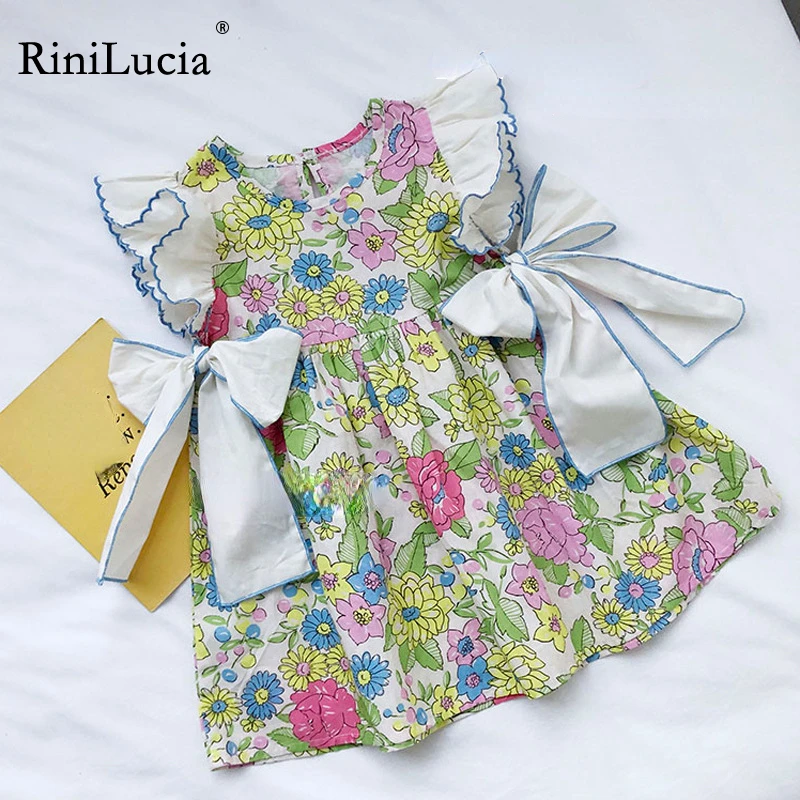 

RiniLucia 2023 New Sweet Girls Dresses Summer Fly Sleeve Bow Floral Kids Dresses for Girls Children Clothes for Girl Clothing