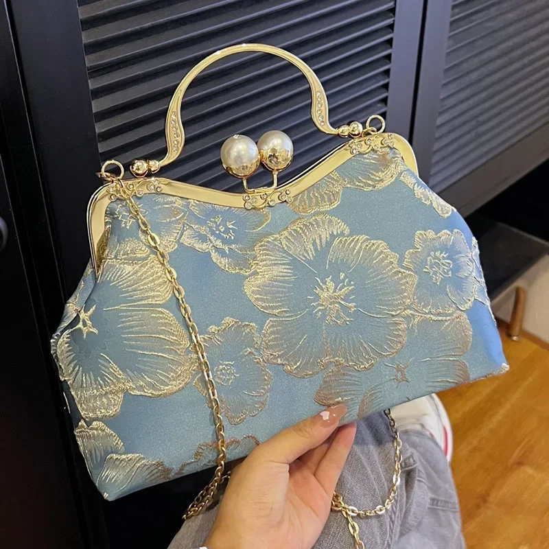 

Vintage Women Flower Purse and Handbags Evening Clutch Embroidery Chain Crossbody Bags Wedding Dinner Shell Clip Handle Tote Bag