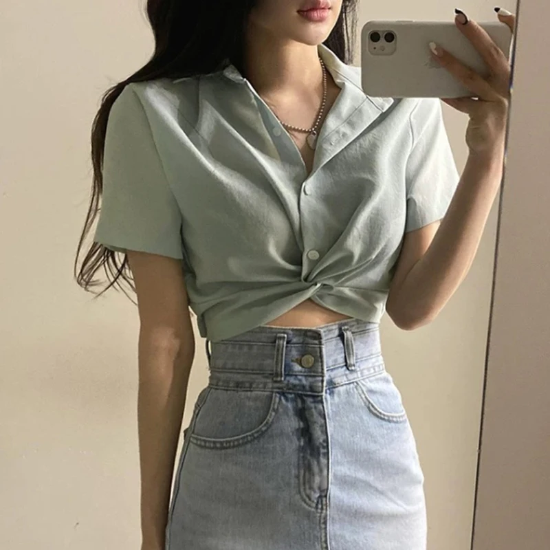 

Korean Chic Summer French High Waist Kink Short Sleeve Cropped Top Tshirt Women Pullover Knit T-shirt Clothing Pleated Cross