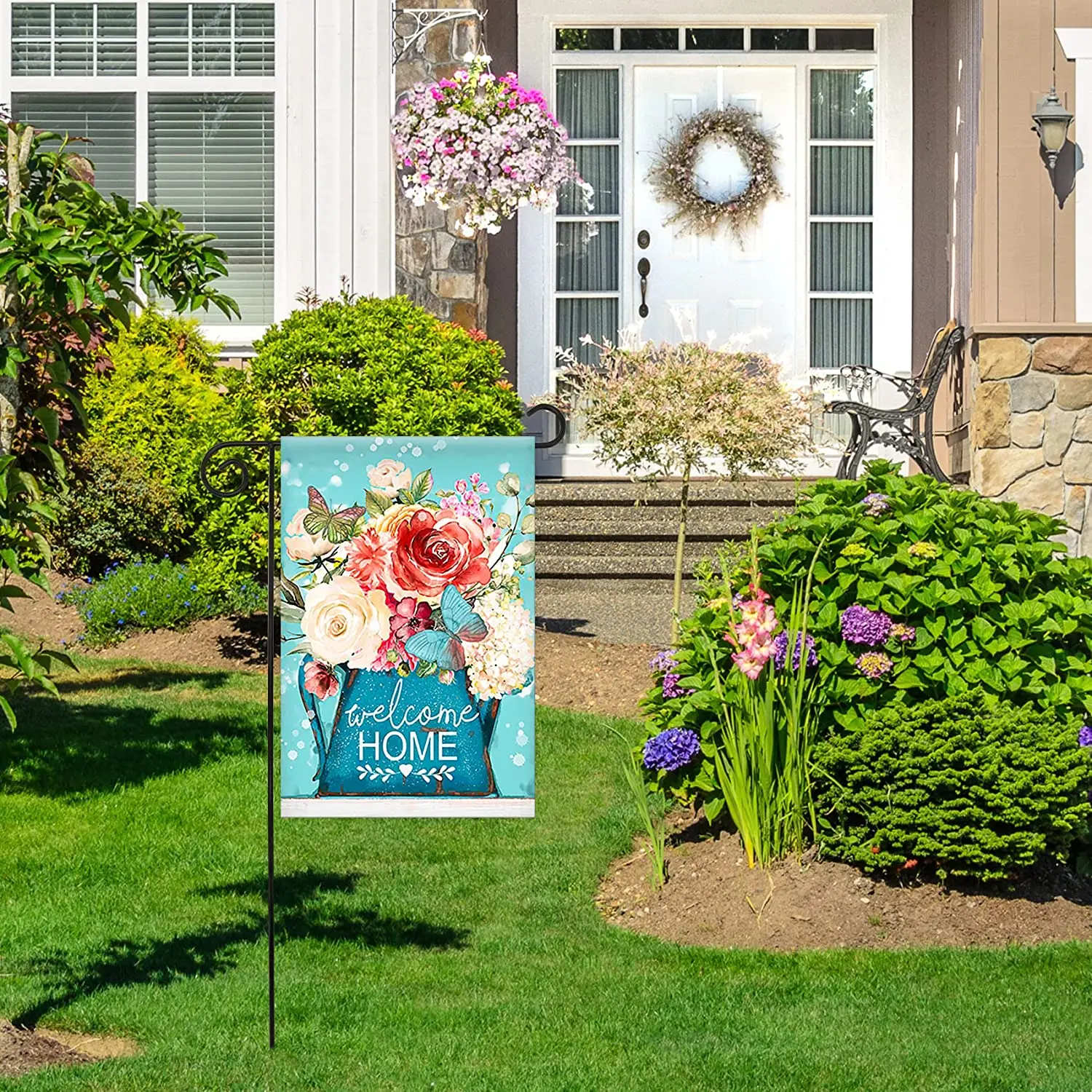 

Hello Spring Kettle Flowers Butterfly Double Sided Sweet Home Floral Blooms Garden Flag Banner for Outside House Yard Home Decor