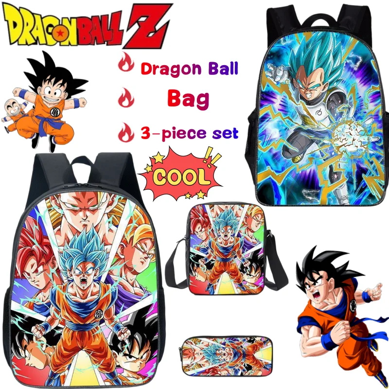 Фото Новый набор из трех предметов с принтом аниме-персонажей Dragon Ball: Сон Гоку, Какарот, Вегета. Вместительная портативная студенческая сумка через плечо. №1