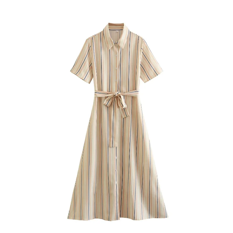 

2023 new women's simple striped shirt short sleeve dress