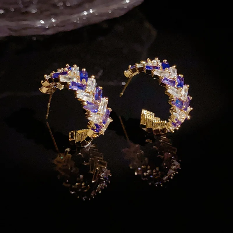 

Luxury Purple C Shaped Leaves Stud Earrings For Women High Quality 14K Gold Plated Zircon Designer Earring Original Jewelry New