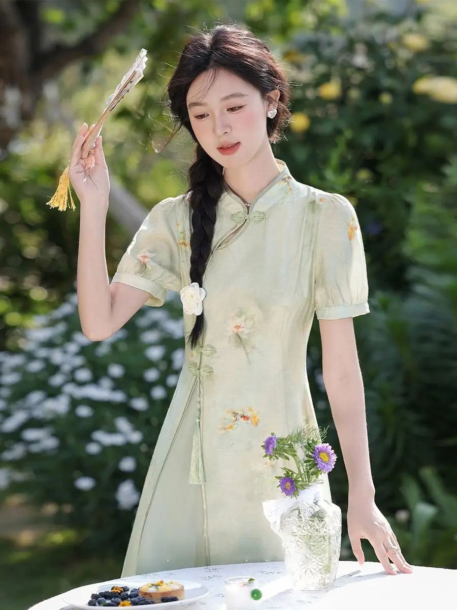 Женское платье с коротким рукавом длинное Ципао в китайском стиле поясом лето 2024