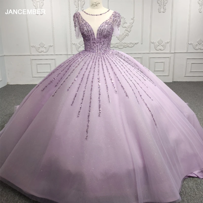 Jancember Princess Simple Quinceanera Drss Фиолетовая органза с блестками и круглым вырезом