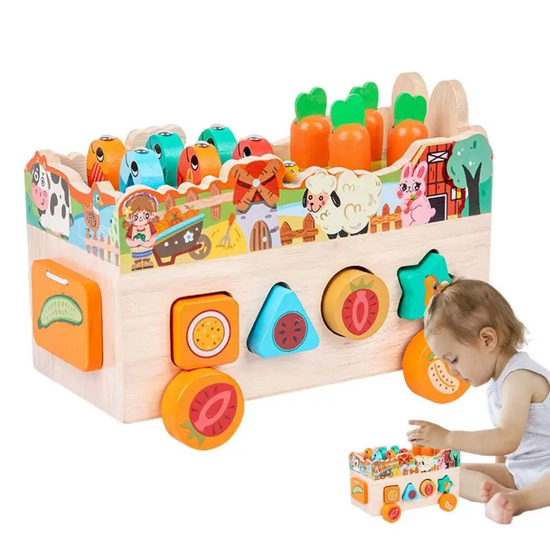 

Carrot Harvest Game Stacking Toys Shape Sorting Orchard Pulling Car With Farm Animals Shape Sorting Matching Wooden Montessori