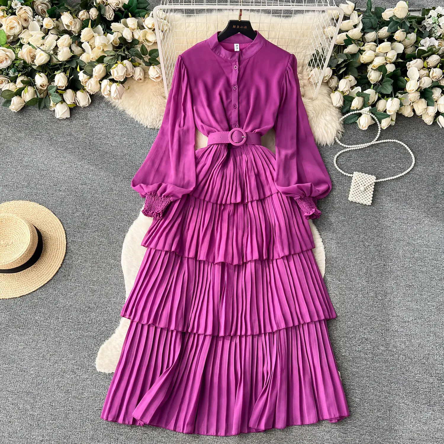 

Vintage Elegant Pleated Lace up Dress Fashion A-line Korean Fashion Chiffon Spring Autumn Long sleeved Vestedos Belt Dress