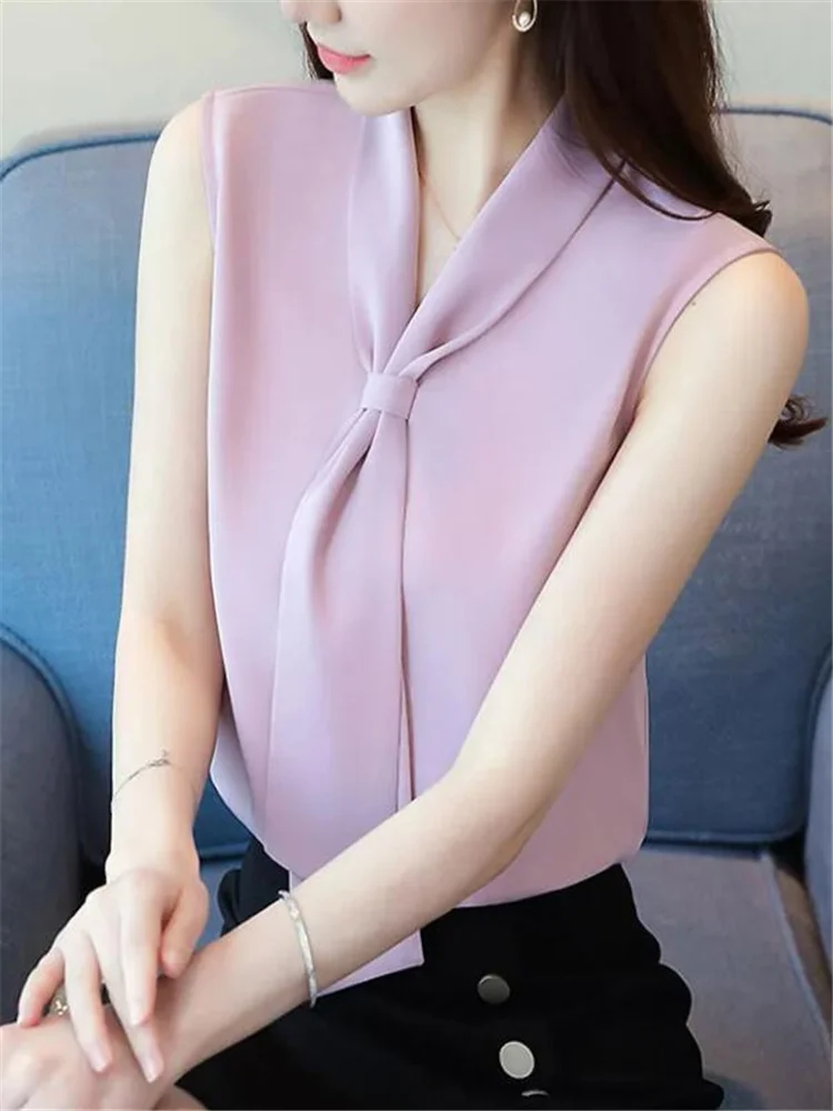 

Fashion Bow Blouses V-neck Shirt For Women Chiffon Shirt Summer Tops Sleeveless Woman Clothes 2023 New Blouse Female Pullover