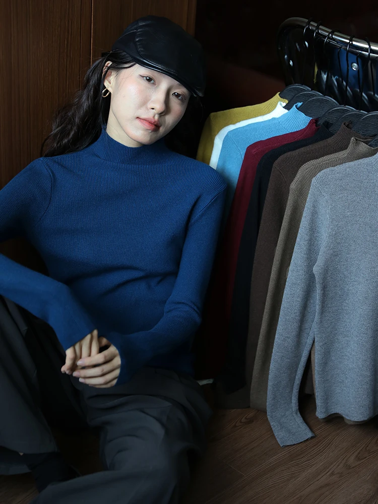 Multi-Color Stretch Slim fit Slimming Sweater Knit Inner wear Pullover Long sleeve Half-high Collar Design Sense Autumn and W...