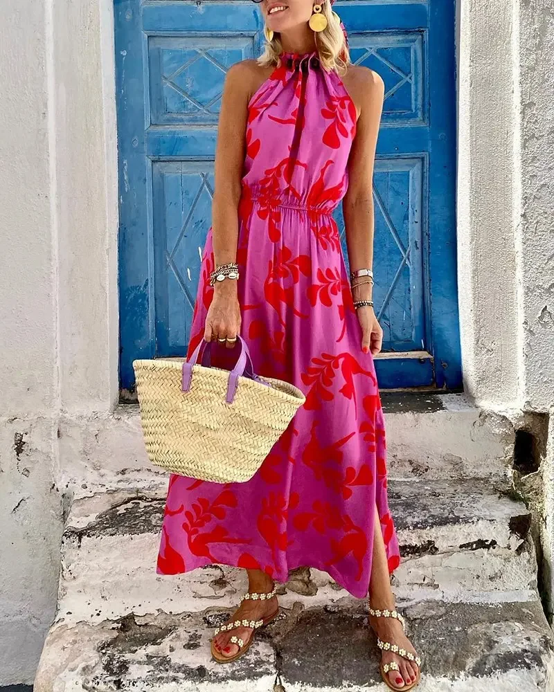 

2022 Summer Woman Casual O-neck Plants Print Sleeveless Slit Maxi Daily Dress