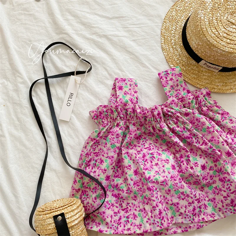 

2022 Korean Children's Floral Suspender Doll Shirt Girls Baby Love Cotton Top