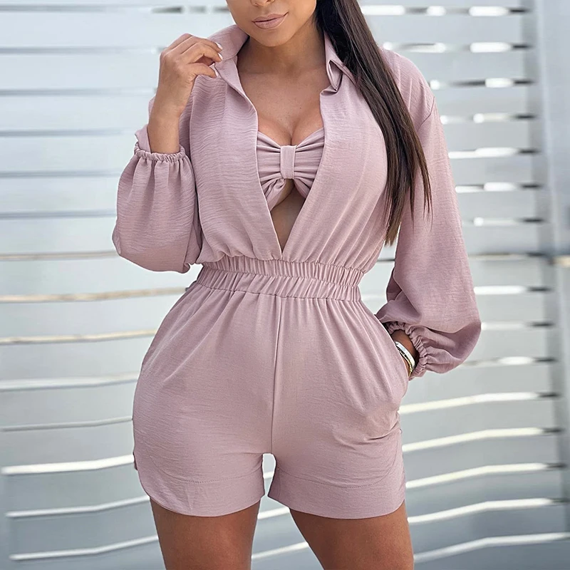 

Casual Loose V-Neck Pocket Shorts Rompers Office Lady Solid Color New Jumpsuit Women Fashion Elastic Waist Long Sleeve Playsuits