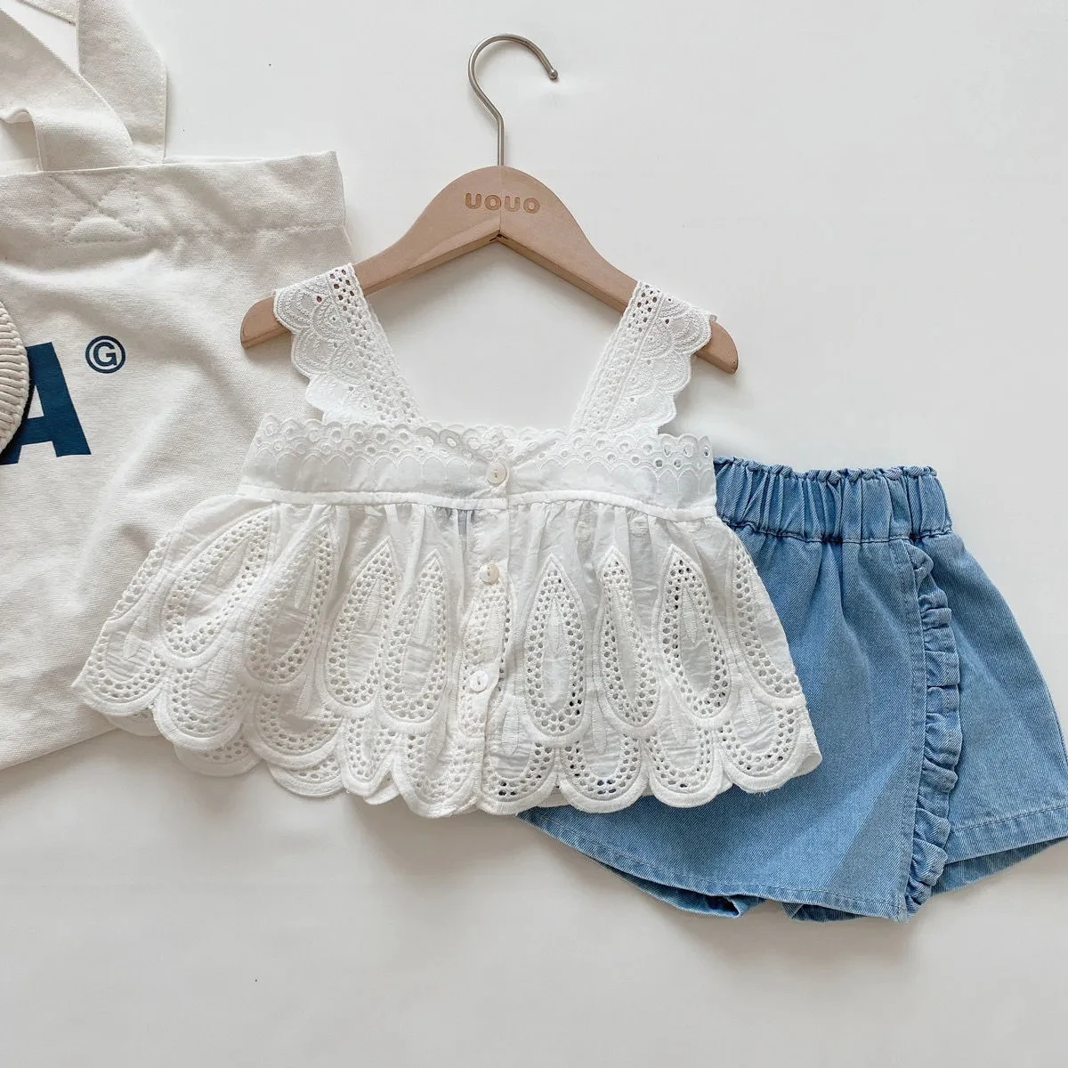 

Fashion Kids Girls Set Summer T-shirts Jeans Sets Sleeveless Children Baby Girl Suspender Lace Shirts Baby Girls Solid Tops Suit