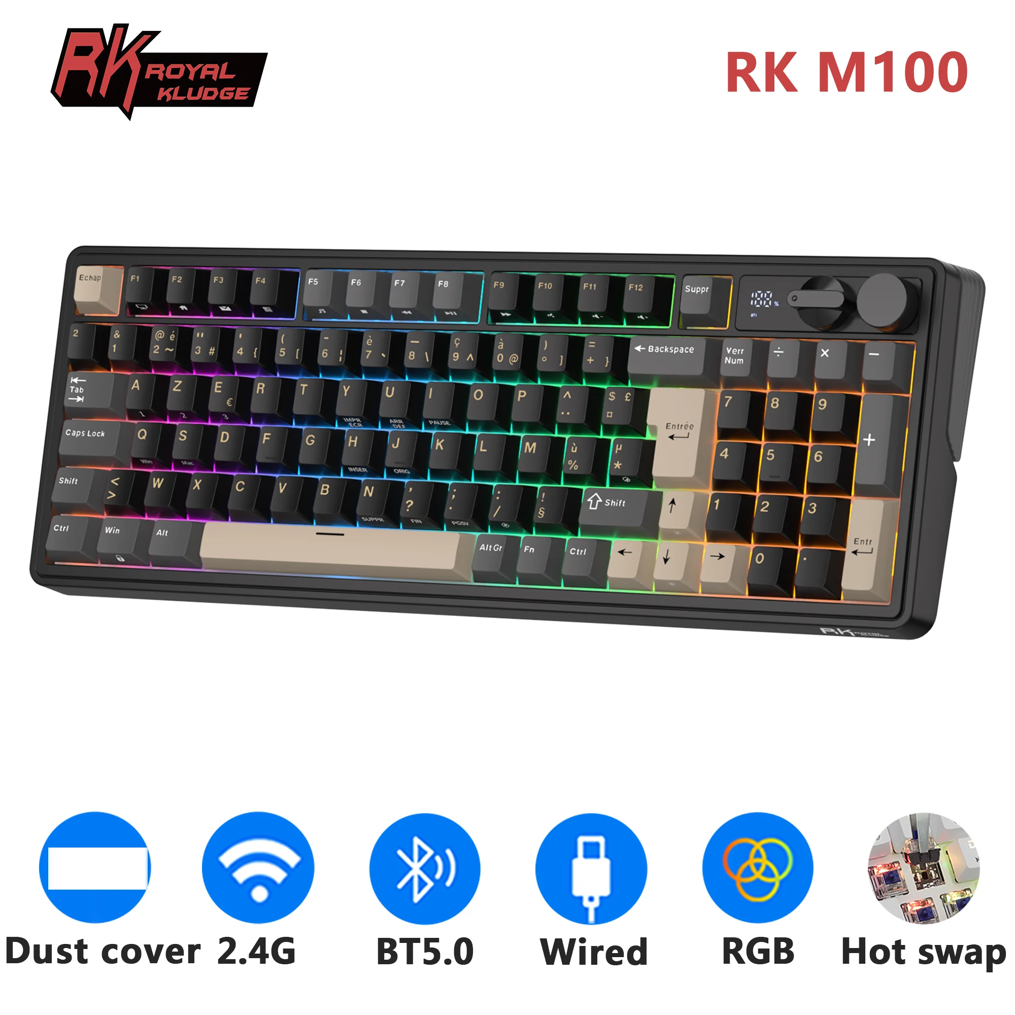 Фото Механическая клавиатура RK ROYAL KLUDGE M100 (французская раскладка), 96% (95 клавиш), RGB-подсветка, аккумулятор 8000 мАч, беспроводная (BT5.0/2.4G/USB), игровая клавиатура с двумя регуляторами №1