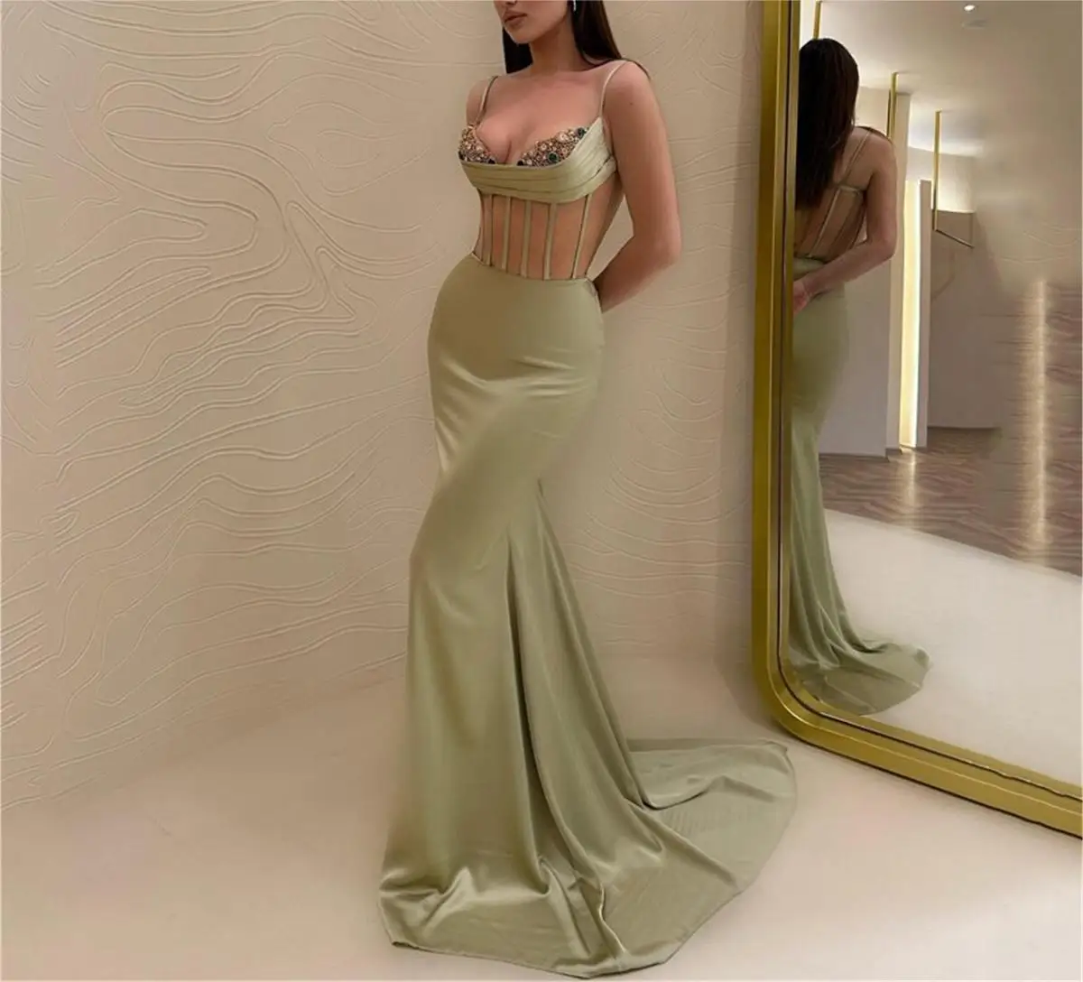 

Женское вечернее платье-русалка, зеленое элегантное платье с бандо и кристаллами, со шлейфом, для выпускного вечера