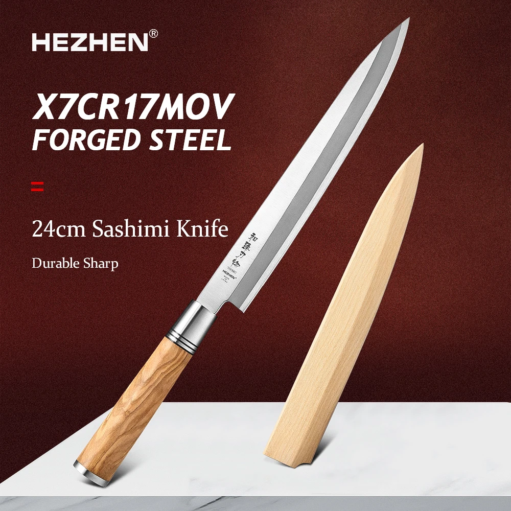 HEZHEN Classic Series X7Cr17MoV Forged Steel 240/370/300mm Sashimi Knife Nature Olive Wood Stainless Steel Gasket