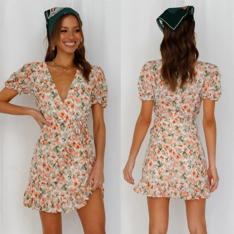 

Women Dress Summer And Spring Elegant Short Sleeve V-Neck A-Line Print Tie Mid Waist Ruffle Puff Sleeve Short Commuter Dress