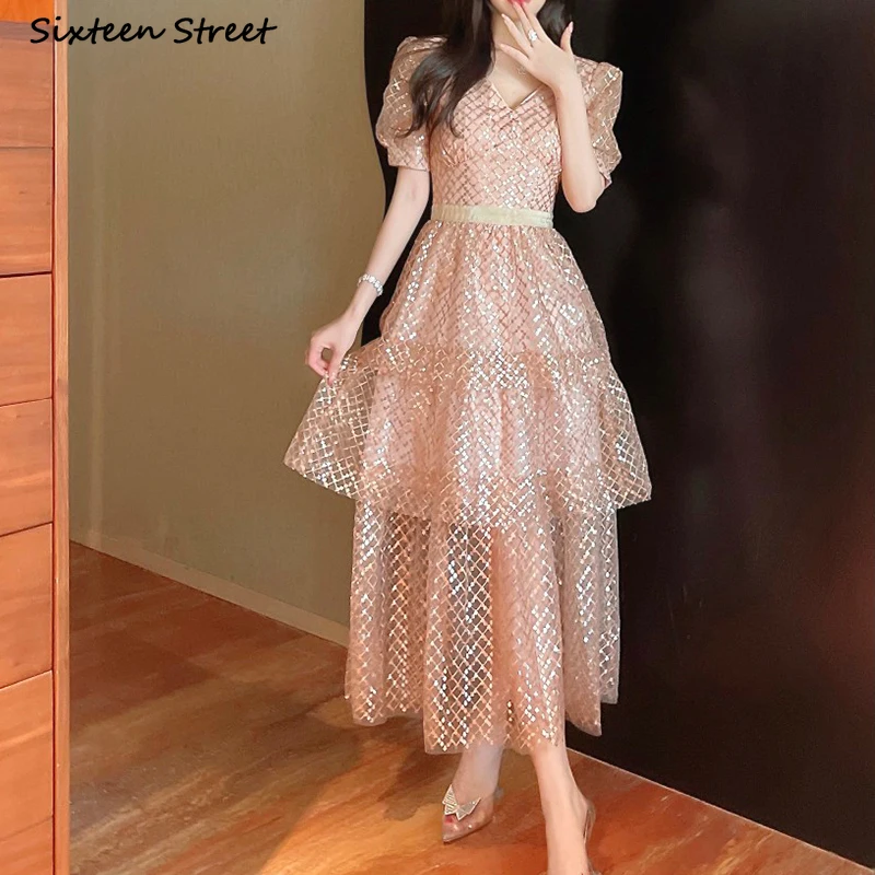 

Khaki Embroidery Sequin Dress Women Vintage 2022 V Neck Lace Bling Vestidos Women Clothing High Waist Patchwork Maxi Dress