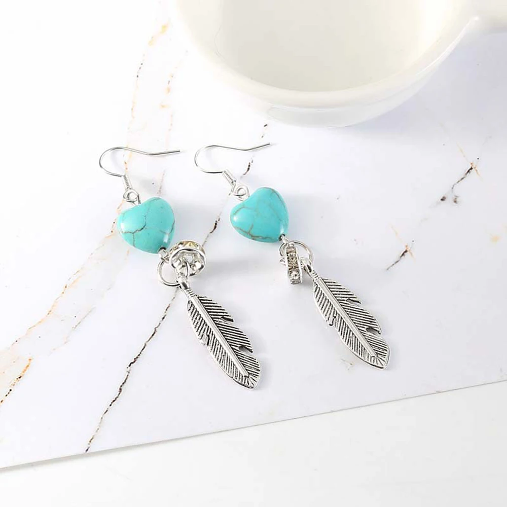 

Bohemian Imitation Turquoise Heart-shaped Feathers Long Pendants Earrings for Women Vintage Luxury Ethnic Jewelry