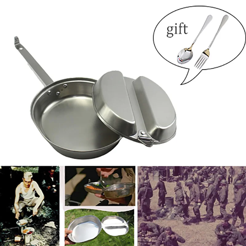 

2 In 1 Stainless Steel 304 Lunch Box Foldable Handle Two Sizes of Soldier Cookware Outdoor Camping Cooker Set Picnic Box