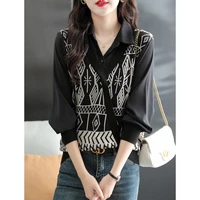 fashion lapel spliced printed button fake two pieces oversized chiffon shirt 2022 new commute women clothing loose casual blouse