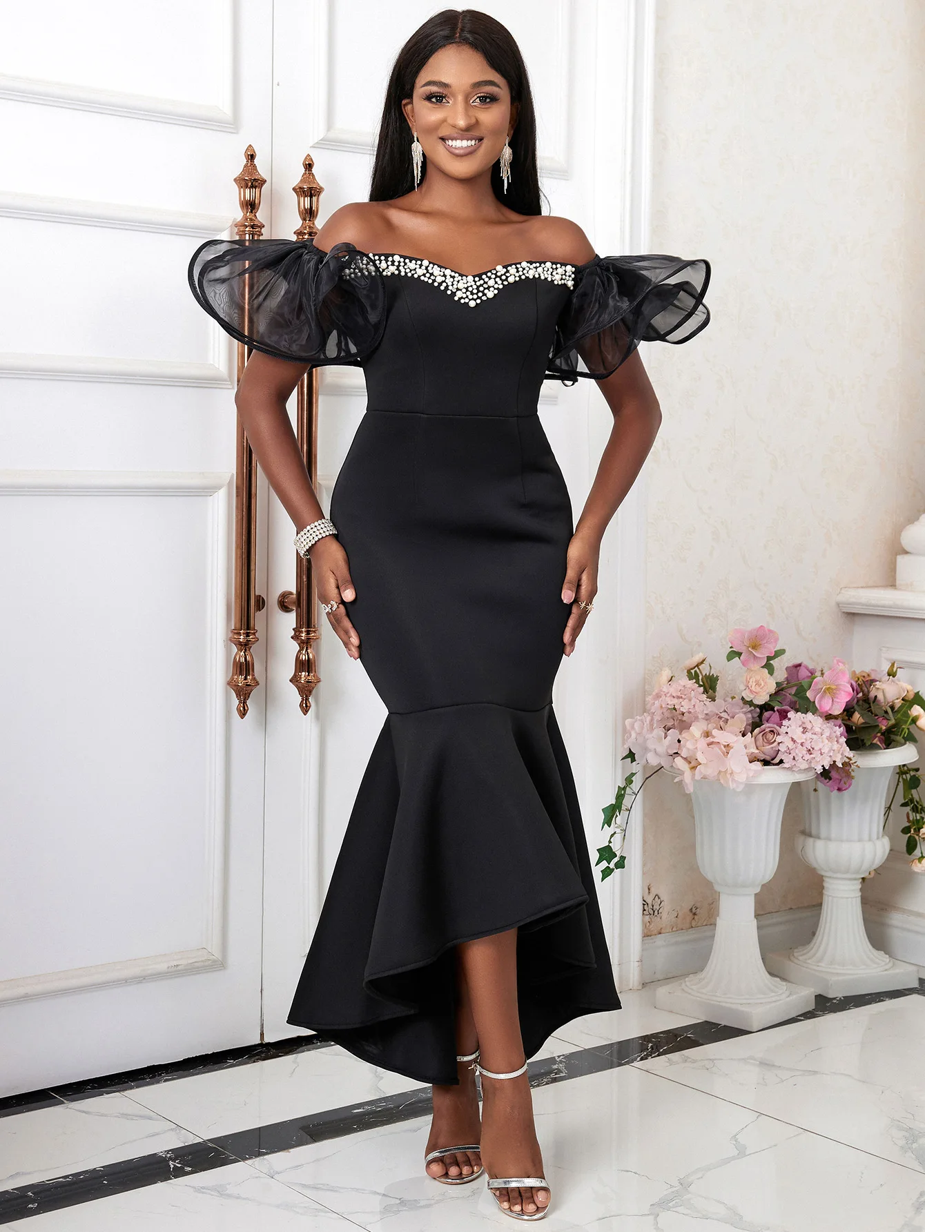 

Черные платья-русалки с открытыми плечами и бисером, облегающие вечерние платья с высокой талией и асимметричным подолом для женщин 2023
