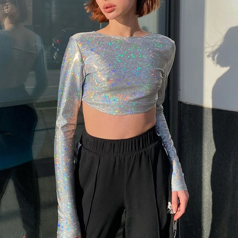 

Laser Long Sleeve Cropped Top Women's Halter Slim O-neck Autumn Summer Casual Basic Retro Fashion Sexy T-shirt Y2k Aesthetic