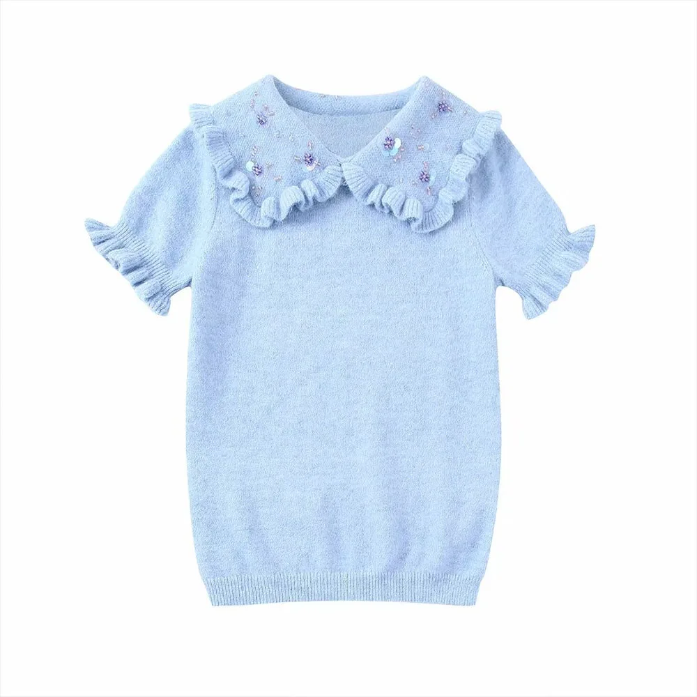 

BER&OYS&ZA2022 Autumn/Winter women's fashion lotus collar style rhinestone inlaid short sleeve knit