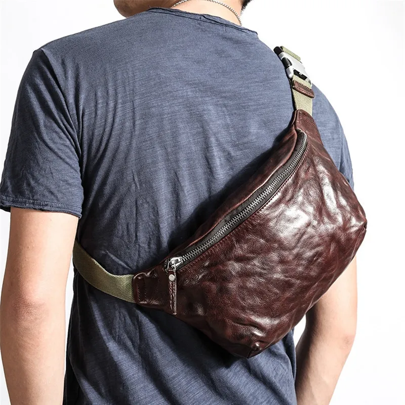 Vintage high quality soft genuine leather men's chest bag fashion casual cowhide waist packs messenger bags teens belt bag