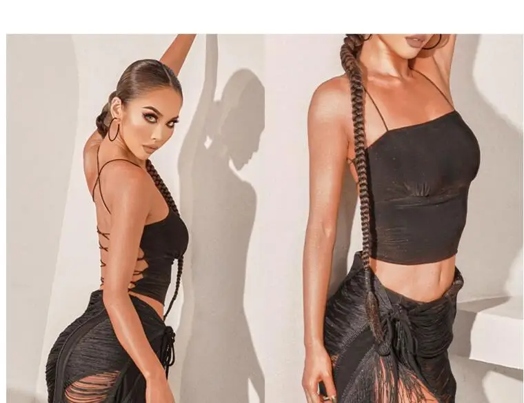 Черно-зеленое платье для сальсы с бахромой и юбкой-топом латиноамериканских