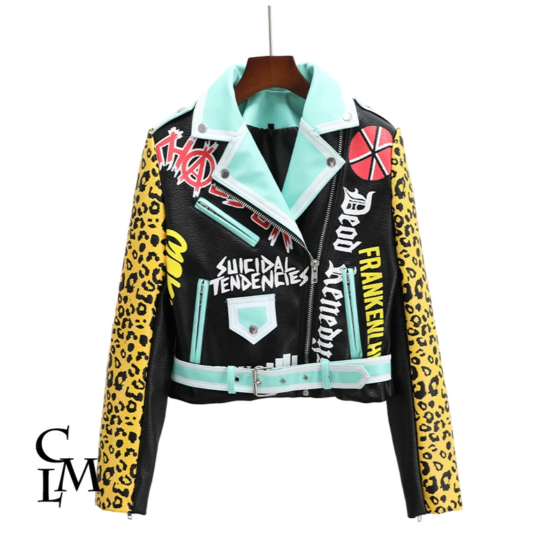 

Spring Autumn New Short Leopard Printing PU Leather Jacket Women Letter Print Lapel Belted Coat Motorcycle Style Jacket 9902
